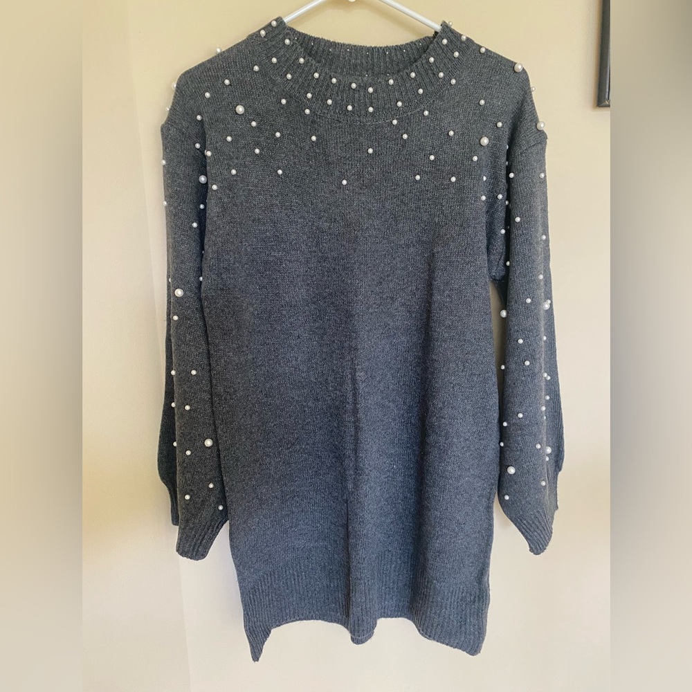 Womens gray sweater dress with pearl details